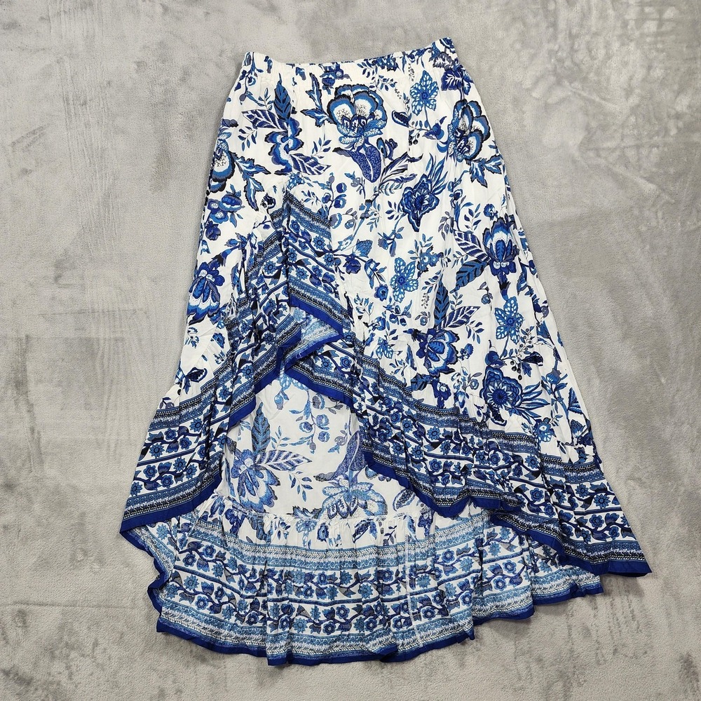 Fille Rose Skirt Womens M White Blue Floral High Low Ruffle Asymmetric Maxi Boho